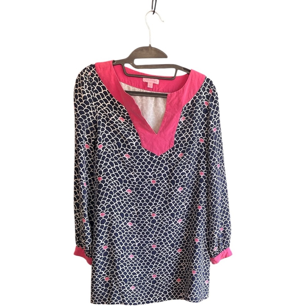Lilly Pulitzer pink blue white silk seashell design tunic/dress Sz 2 - Picture 2 of 9